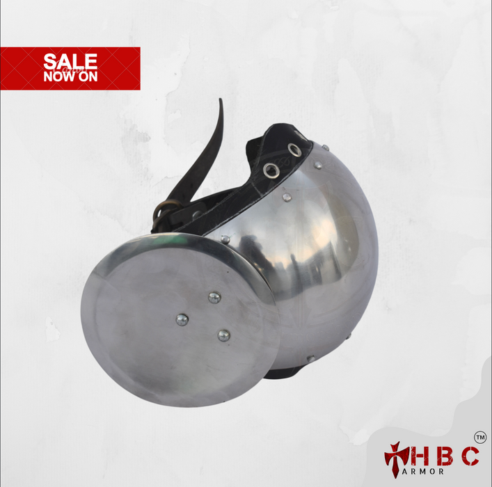 A polished steel gladius armor blade with a black leather strap and grommets, displayed on a light gray textured background with a red 'SALE NOW ON' banner in the top left and an 'HBC ARMOR' logo in the bottom right.