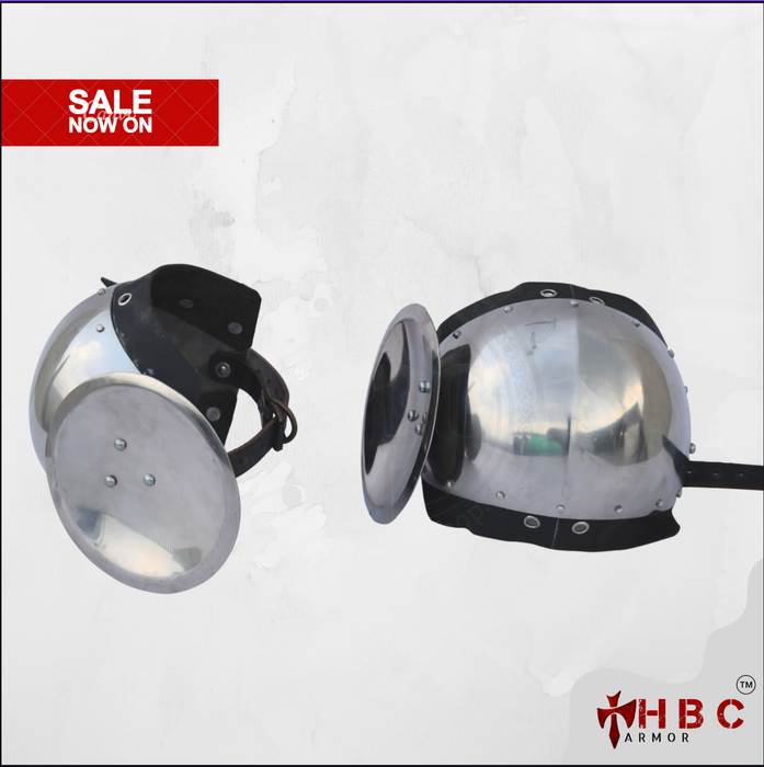 Two views of a medieval-style steel helmet with a black chin strap, shown on a light gray background with a red 'SALE NOW ON' banner and an HBC Armor logo.
