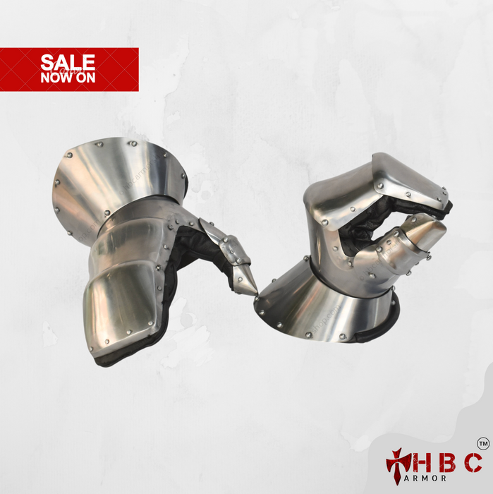 A pair of medieval-style metal gauntlets with riveted steel plates, shown against a light gray textured background with a red 'SALE NOW ON' banner in the top left and the HBC Armor logo in the bottom right.