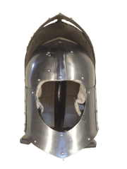 A medieval-style steel helmet with a polished metallic finish and a central visor opening, shown against a solid green background.