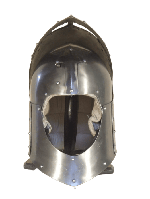 A medieval-style steel helmet with a polished metallic finish and a central visor opening, shown against a solid green background.