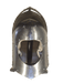 A medieval-style steel helmet with a polished metallic finish and a central visor opening, shown against a solid green background.