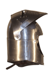 A medieval-style steel helmet with a visor and riveted metal plates, shown against a solid green background.