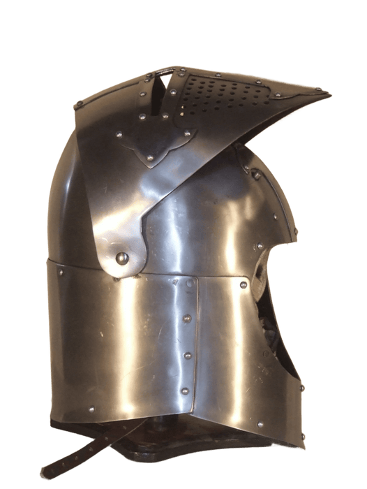 A medieval-style steel helmet with a visor and riveted metal plates, shown against a solid green background.