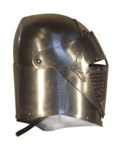 A medieval-style steel helmet with a polished metal finish, rivets, and a perforated face guard, shown against a solid green background.