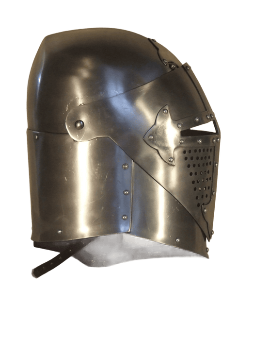 A medieval-style steel helmet with a polished metal finish, rivets, and a perforated face guard, shown against a solid green background.