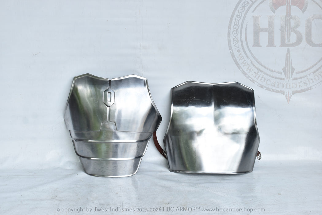 A pair of metallic steel breastplates or armor plates displayed side-by-side against a white backdrop with a faint HBC Armor Shop watermark.
