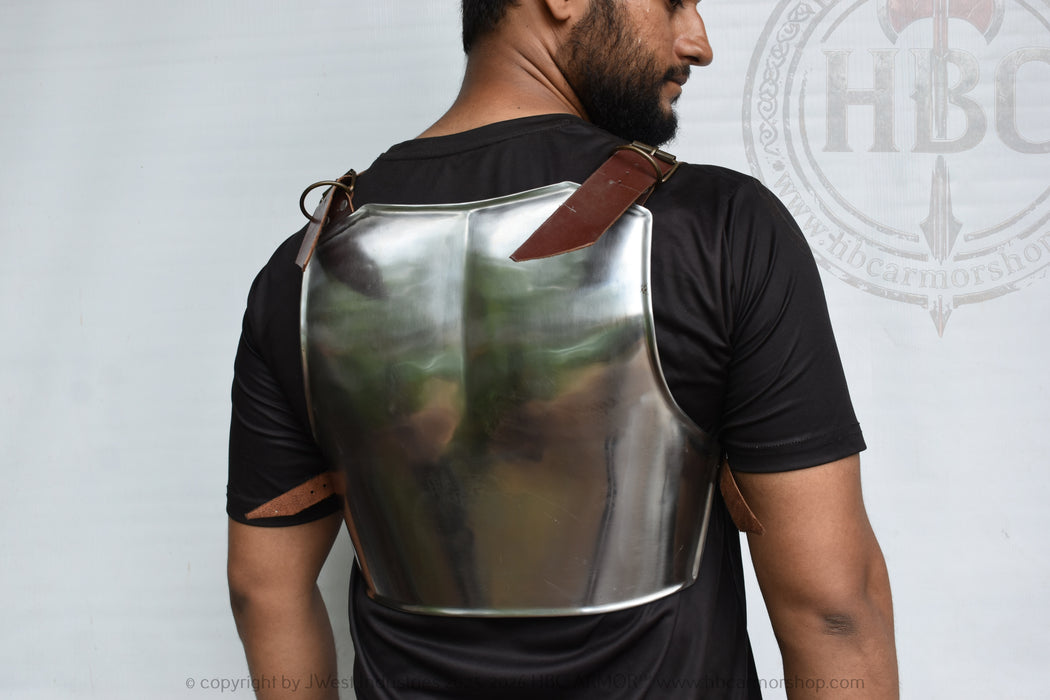 A man viewed from the back wearing a polished steel plate armor vest over a black t-shirt, with brown leather shoulder straps.