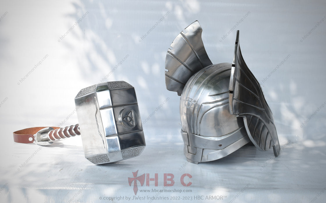 Metal Thor Helmet & Mjolnir Hammer Combo