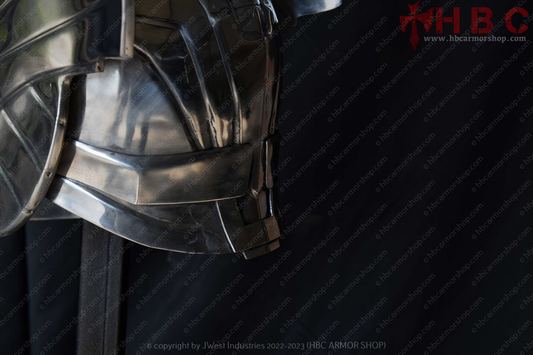 "Cosplay metal armor featuring intricate detailing" "Handcrafted metal armor designed for cosplay"