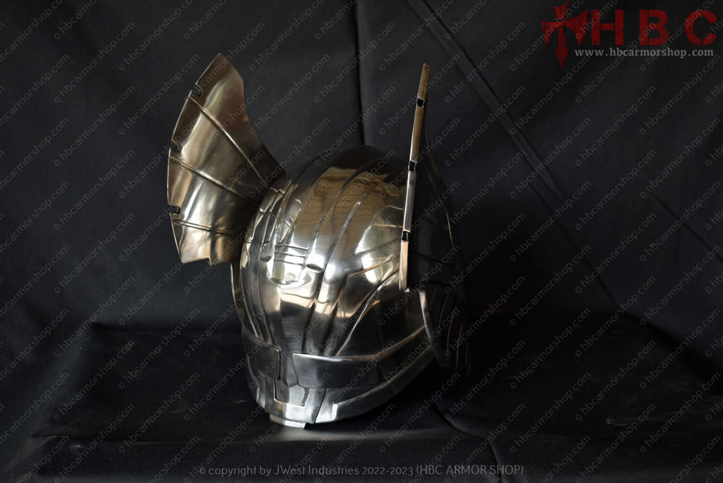 "Thor-themed LARP helmet for immersive role-playing" "Metal helmet resembling Thor's headgear for LARP"