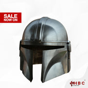 Hand forged metal Mandalorian helmet with a polished metallic finish, inspired by the character Din Djarin from the Star Wars universe.