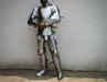 A person wearing full metallic medieval plate armor stands against a plain light wall, with the head mostly cropped out. The armor is reflective silver with dark straps and small black accents.
